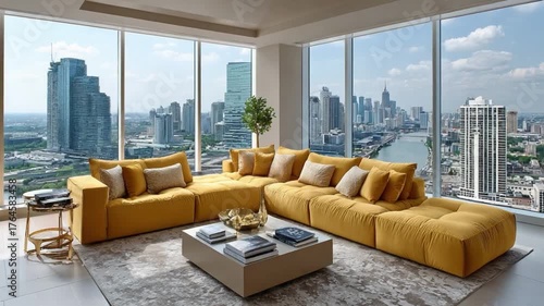 Modern Living Room with City View: A modern, sunlit living room boasts a luxurious modular sofa, set against a backdrop of a breathtaking cityscape seen through expansive windows.