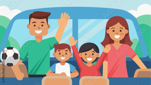 A pair of neighbors waving goodbye to their children as they hop into the back seat of a car excited for the ride to soccer practice together.