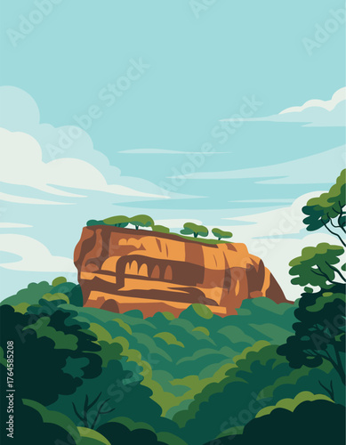 Stylized Vector Illustration of Sigiriya Lion Rock Fortress in Sri Lanka. Majestic Cultural World Heritage Site Surrounded by Lush Green Tropical Forest and Blue Sky. Adobe Illustrator Artwork