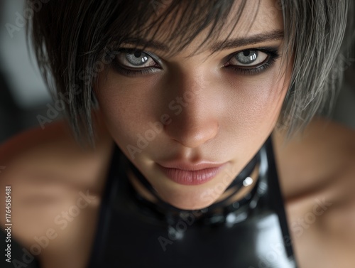 A woman with short black ha...