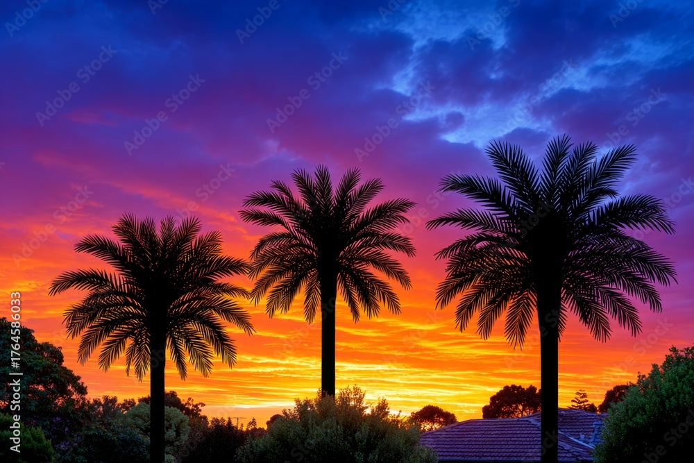 Obraz premium Palm trees silhouetted against vibrant morning sky