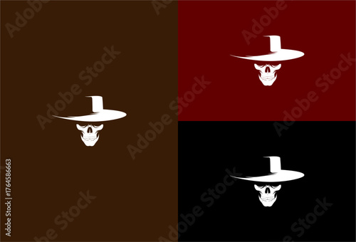 Skull wearing a wide-brimmed hat, against brown, red, and black backgrounds