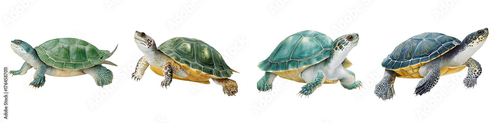 Obraz premium Turtle Illustration Set: Four Different Colored Turtles on White