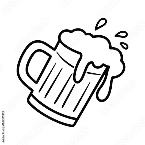 Simple line art illustration of a frothy beer mug overflowing with foam