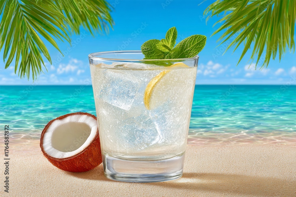 Obraz premium a hyper realistic coconut drink on white sand with crystal-clear water behind it