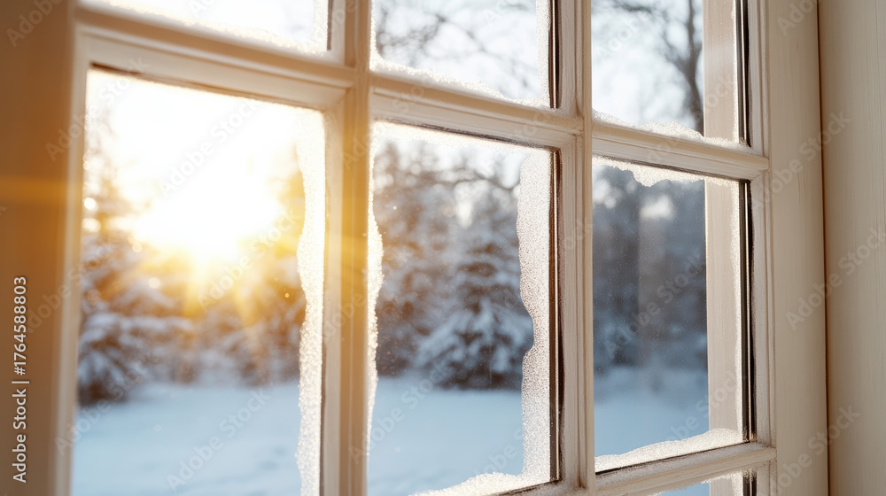 Fototapeta premium Warm sunlight filters through frosted window, creating serene winter scene