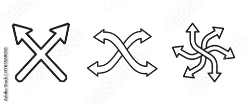 Abstract Arrow Icons. Crossed, Curved, and Radiating Symbols for Divergence, Flow, and Multidirectional Movement in Design.