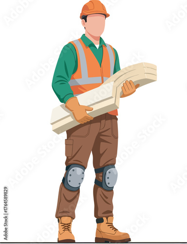 Construction worker in safety gear carrying building materials.