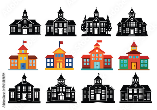 Collection of diverse architectural styles of buildings featuring colorful facades and detailed silhouettes