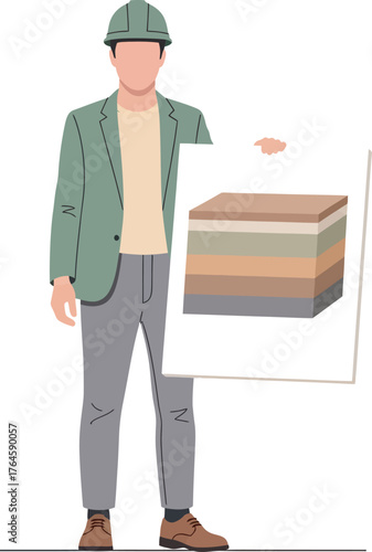 Engineer holding a diagram of geological strata layers.