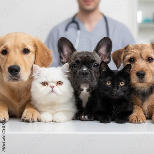 Adorable diverse group of pets and a veterinarian in a clinic setting showcasing animal care