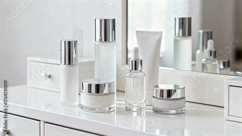 清潔感のある白いドレッサーに並べられた美容スキンケア化粧品