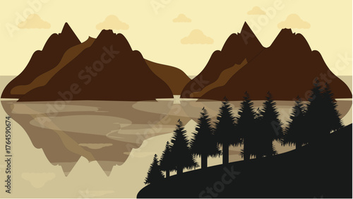 Calm lake mountain vector background with forest reflection and yellow sky, minimalist design.