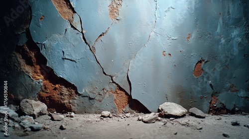 A wall with a crack in it and a pile of rocks in front of it