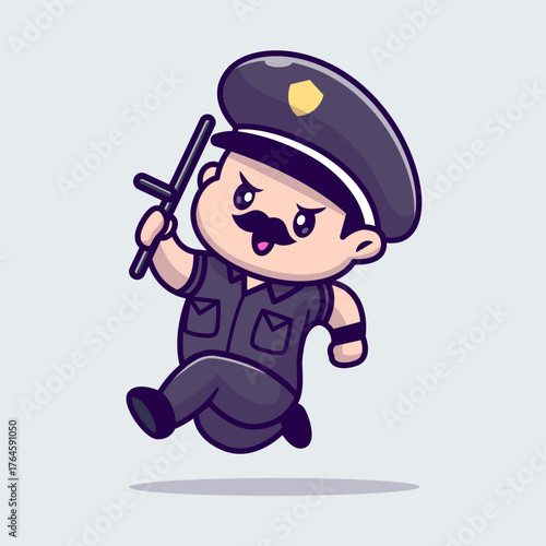 Cute Man Police Running With Stick Baton Cartoon 