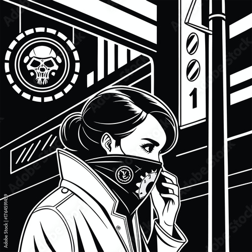 Mysterious woman wearing mask in urban night scene with skull emblem and streetlights isolated on transparent background