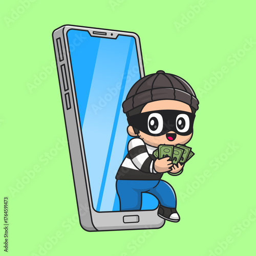 Cute Thief Steal Money From Phone Cartoon