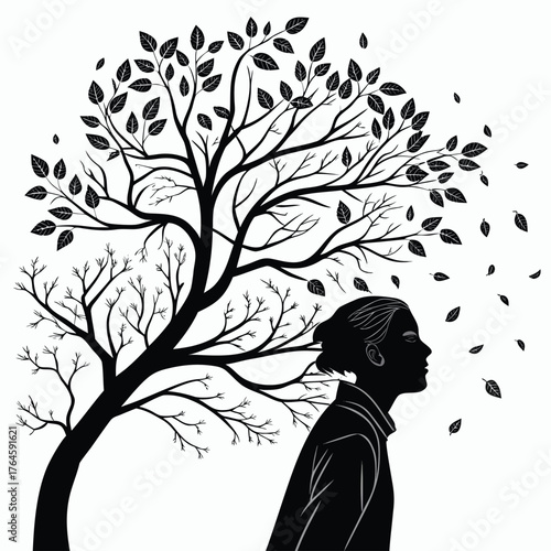 Silhouette of a person beneath a stylized tree with falling leaves symbolizing life and change isolated on transparent background