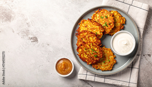 Delicious golden latkes served with two dipping sauces, a dollop of sour cream and apple sauce, on a grey plate with a striped napkin