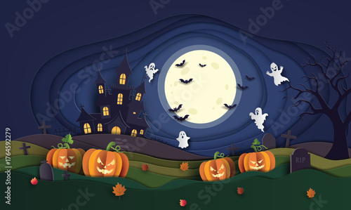 Halloween night background with haunted house full moon pumpkins bats and ghosts in paper cut style