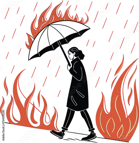 Dynamic flames and rain abstract art featuring fiery embers against a dark canvas isolated on transparent background