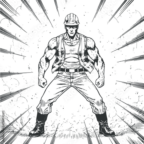 Illustration of a muscular construction worker in a heroic pose.