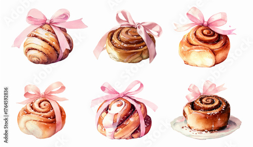 Watercolor set of cinnamon buns coquettes decorated with a bow. Cinnamon buns with cream and decorated with a pink ribbon bow. Sweet pastries in the style of coquettes.