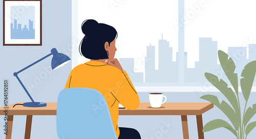 Hybrid Work and Digital Nomad Lifestyle Woman Working Remotely with City View