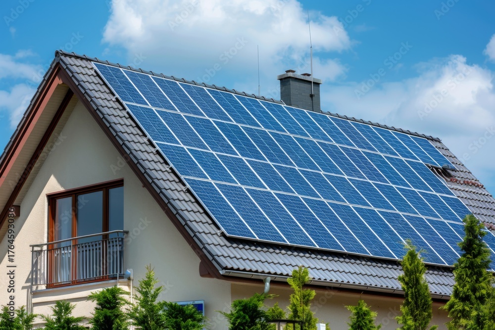 Fototapeta premium House with solar panels on the roof under blue sky
