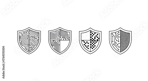 Four distinct hand-drawn shields in a row representing security and protection vector