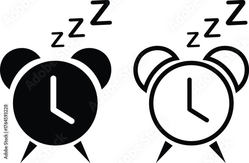 Alarm clock with zzz vector icon set, collection and group in black flat and line style, includes sleep time symbol, bedtime wake-up reminder illustration, morning rest concept and relaxation design