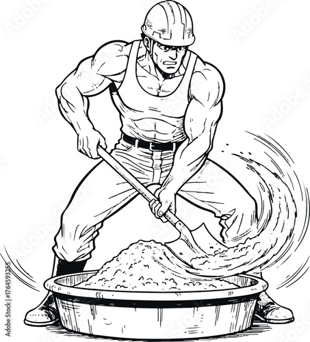 Illustration of a muscular construction worker mixing cement in a tub with a shovel.