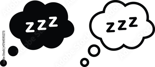 ZZZ bubble icon set, collection and group in black flat and line style, includes sleep symbol, dream text cloud, nap relaxation mark, tired expression sign, bedtime and rest concept illustration