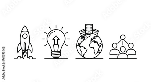Creative icons representing business growth innovation global reach and teamwork concepts vector