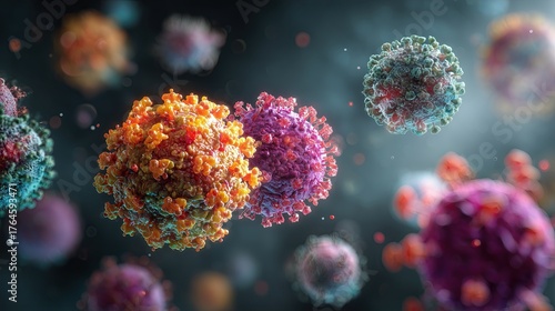 Photorealistic 3D illustration of diverse viruses floating in microscopic space, showing detailed viral structures, textures, and shapes in scientific visualization style, generative ai illustration.