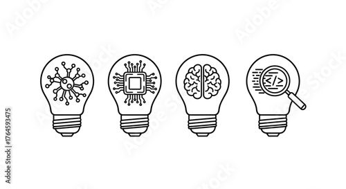Four hand drawn lightbulb concepts for artificial intelligence innovation and data analysis ideas vector