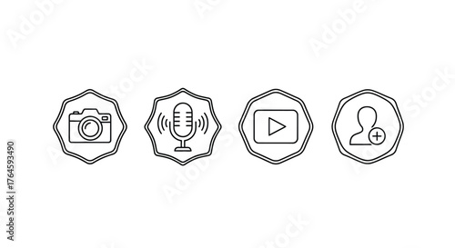 Four simple outline icons representing photography microphone video and user profile in a line vector