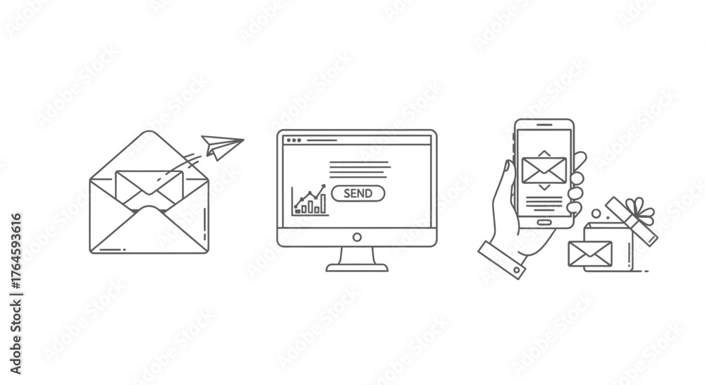 © Runa - Digital communication concepts email envelope computer and smartphone icons hand drawn style vector