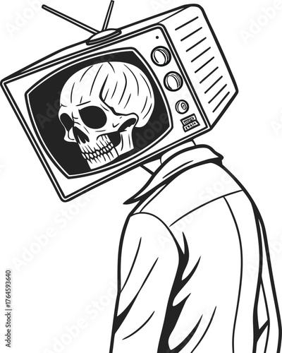 Abstract human figure with television head in dramatic silhouette mood isolated on transparent background