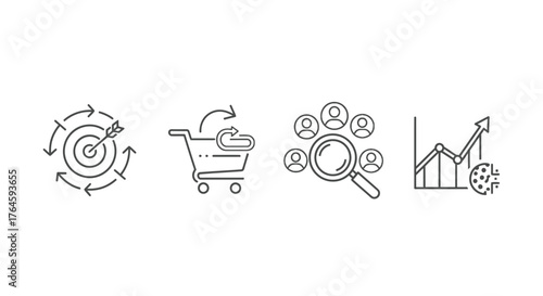 Business growth icons set target shopping cart magnifying glass chart analyzed growth strategy vector