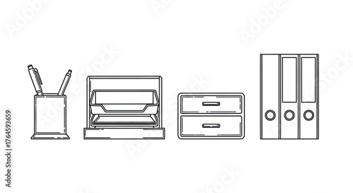 Clean line art depicting office supplies pen holder stacked trays file cabinet and binders vector