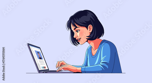 Smiling woman on a laptop represents the freedom of hybrid work and a digital nomad career