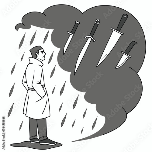 Person stands in rain under storm cloud with threatening knives symbolizing danger isolated on transparent background
