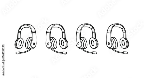 Four hand drawn headsets with microphones in a row for communication and gaming vector