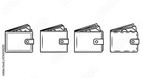 Four hand drawn wallets filled with cash showing financial wealth and savings vector