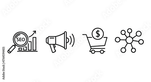 Doodle icons representing seo analytics marketing sales and networking business concepts vector