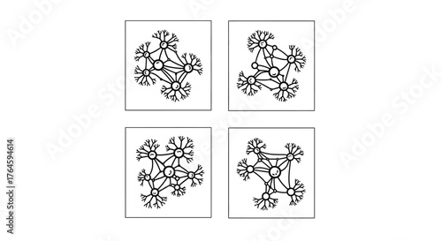 Four detailed abstract scientific molecular structures connected by lines in a grid layout vector