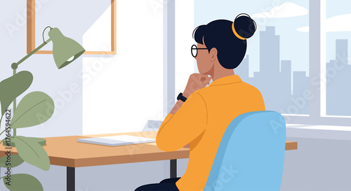 Woman pondering at desk Hybrid Work & Digital Nomad Lifestyle in Modern Office Environment