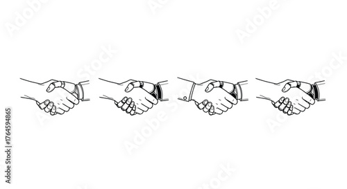 Four hands shaking together in a horizontal line symbolizing agreement and partnership vector