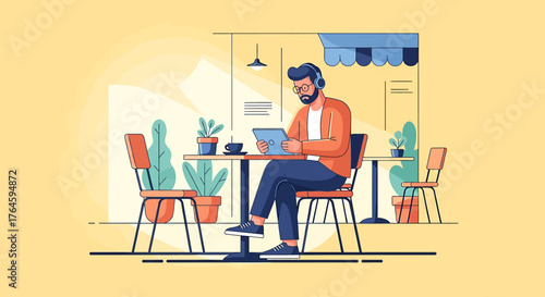 Hybrid Work & Digital Nomad Man Enjoying Tablet in Cafe - Remote Worker Lifestyle